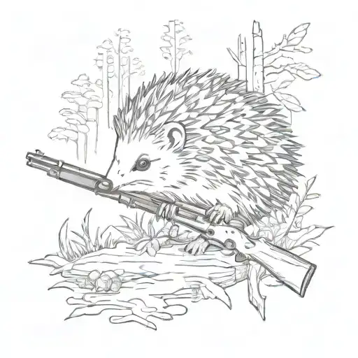 hedgehog in forest with rifle tattoo design idea