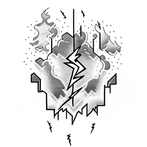 A blackwork tattoo of a majestic lightning bolt illuminating a dark cityscape tattoo design idea