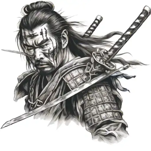 A realistic portrait of a samurai with a hidden assassin's dagger tattoo design idea