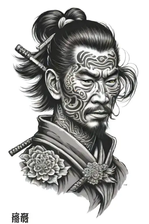 A realistic portrait of a samurai with a hidden assassin's dagger tattoo design idea
