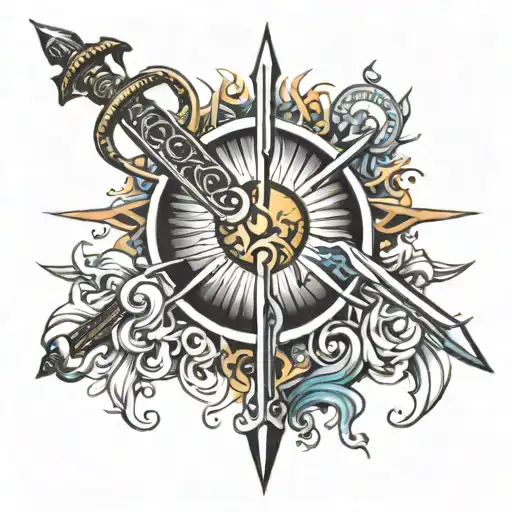 Sun rising behind the Powerful Sword tattoo design idea