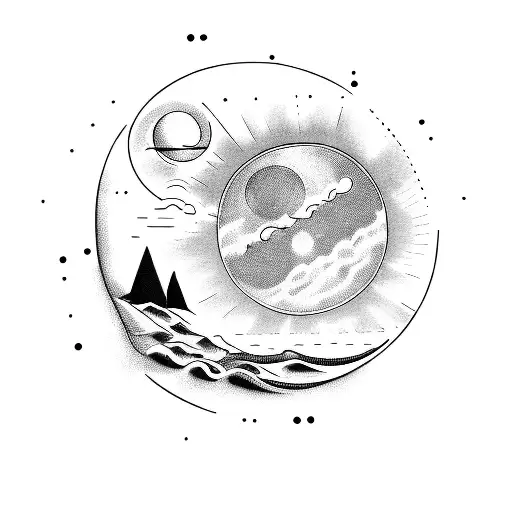 a black art simplicity tattoo line going around the arm and on the line is a star and moon and a wave and sun tattoo design idea