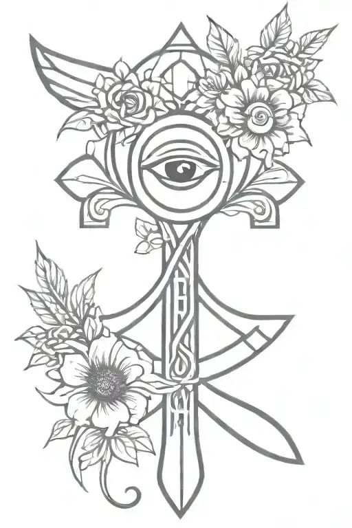 ankh symbol with eye of Horus and flowers tattoo design idea