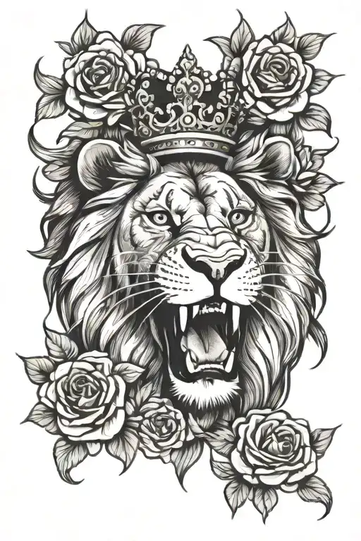 lion roaring mouth open with crown surrounded by roses tattoo design idea