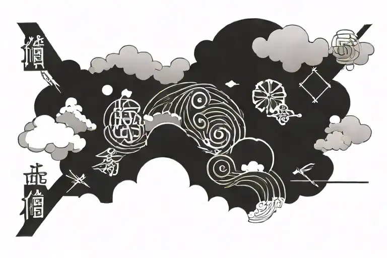 background fill japanese clouds samurai latin handwriting tattoo design idea
