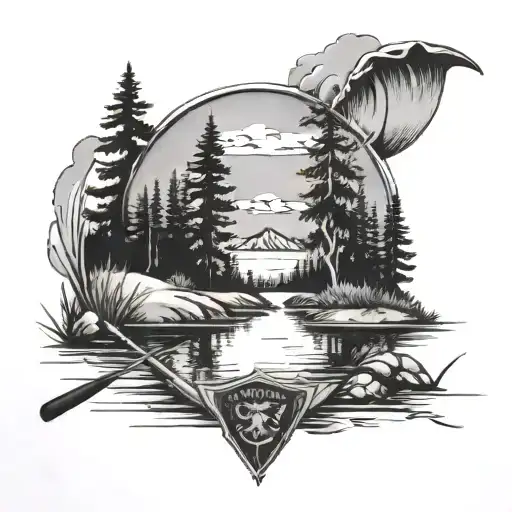 A black-grey tattoo of a serene lake scene with a police badge floating on the water and golf clubs on the shore tattoo design idea