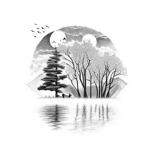 A serene landscape of a peaceful lake reflecting the colorful autumn foliage, with a lone wolf standing on its shore tattoo design idea