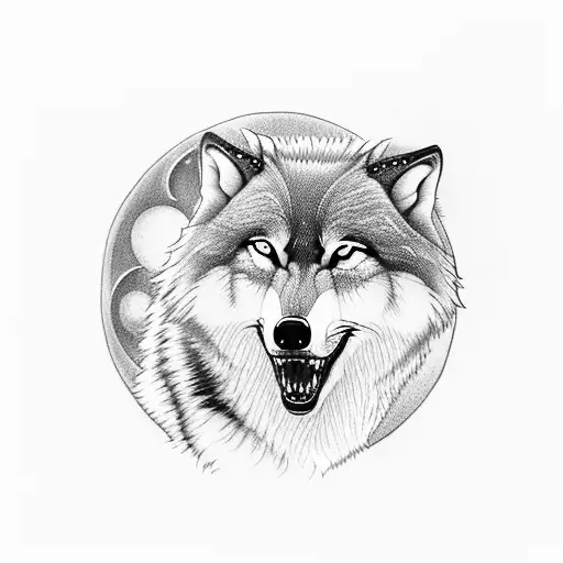 A majestic wolf howling at a full moon over a tranquil lake surrounded by dense woods tattoo design idea