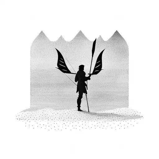 A silhouette of a hunter with a bow and arrow, hidden among the trees in a misty woodland tattoo design idea