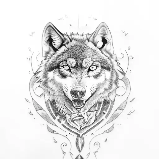 blue eye wolf tattoo with purple rose and doves tattoo design idea
