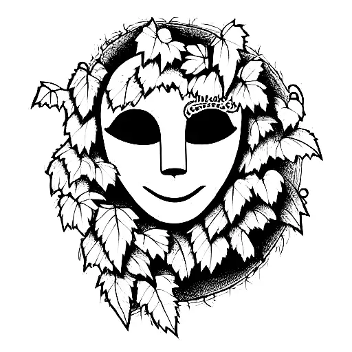 the happy theater mask but its covered in Wine vines and there are some graves hanging from it tattoo design idea