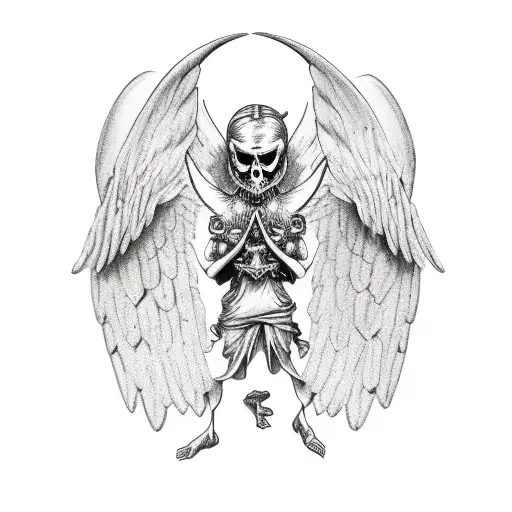 full body angel with demonic mask and wings on its back meant to fit on a neck tattoo design idea