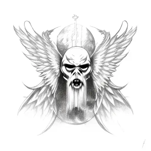 full body angel with demonic mask and wings on its back  tattoo design idea
