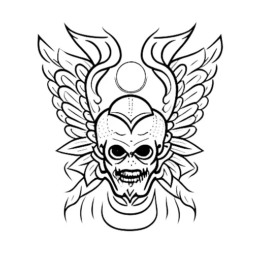 full body angel with demonic mask and wings on its back  tattoo design idea