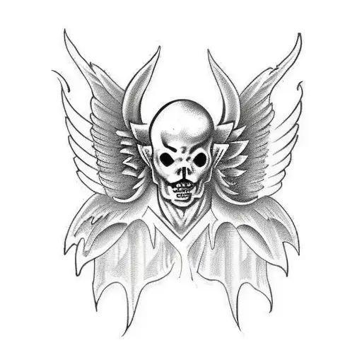 full body angel with demonic mask and wings on its back  tattoo design idea