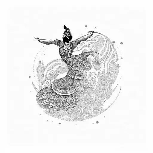 balinese dancer, waves and flowers in background tattoo design idea
