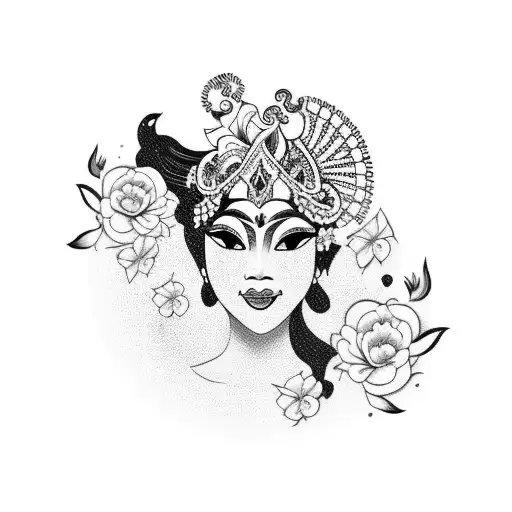 balinese dancer, waves and flowers in background tattoo design idea