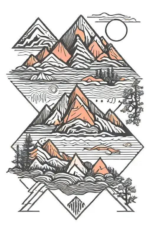 minamilist geometric mountains with salmon tattoo design idea