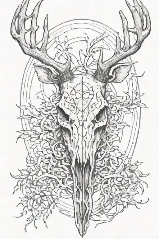 deer skull on shin with antlers around side of knee tattoo design idea