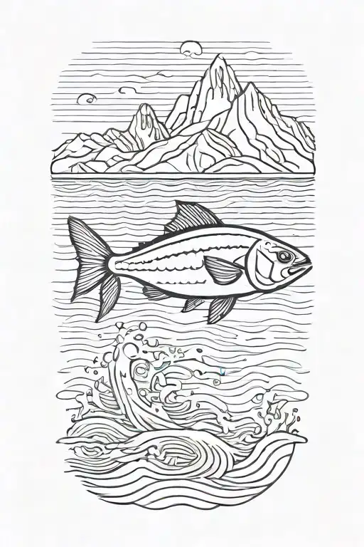 A minimalist tattoo of a fish jumping out of the water with a mountain backdrop tattoo design idea