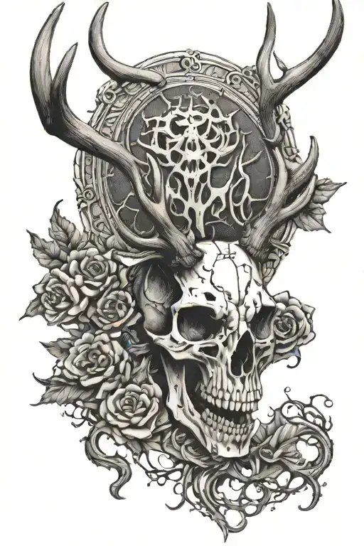 deer skull on shin with antlers around side of knee tattoo design idea
