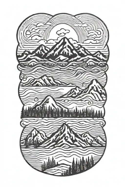minamilist geometric mountains with salmon tattoo design idea