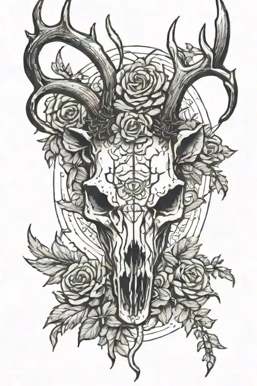deer skull on shin with antlers around side of knee tattoo design idea
