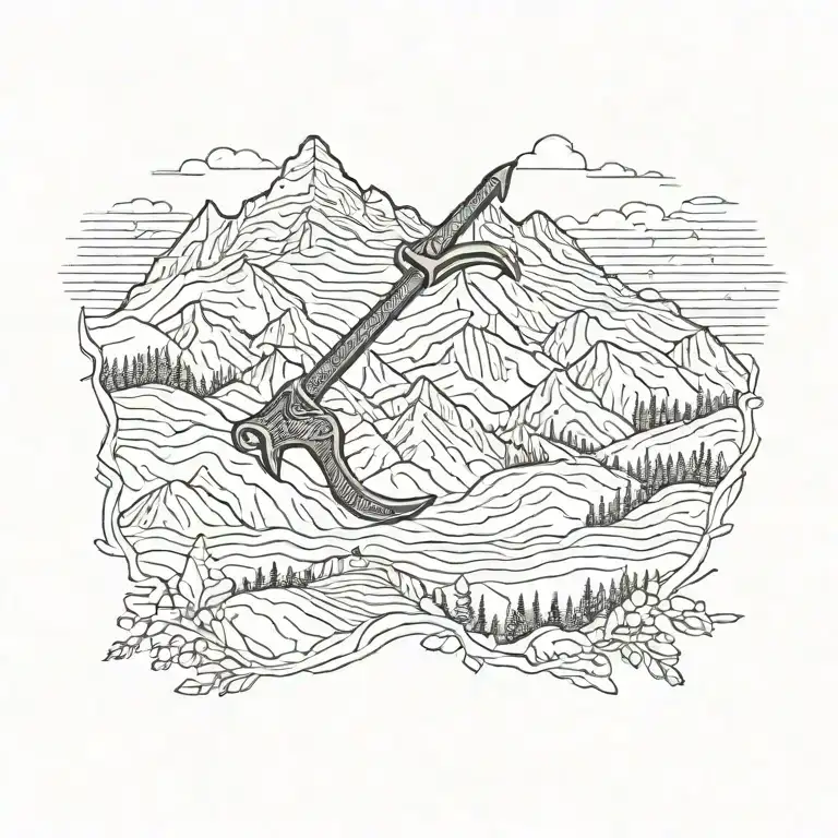 small  ice axe with mountains    tattoo design idea
