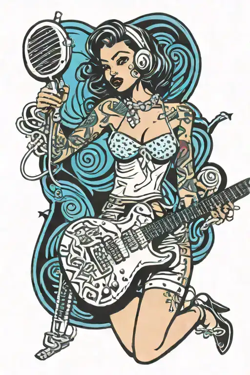 full body rock n roll pin up girl in bikini with old school microphone and guitar tattoo design idea