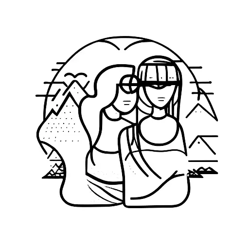 A minimalist design of a mother and daughter silhouette with a mountain landscape in the background tattoo design idea
