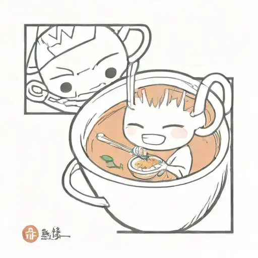 A sketch tattoo of an anime character enjoying tom yum soup with your friend Lakshani, combining your love for anime and shared food experiences tattoo design idea