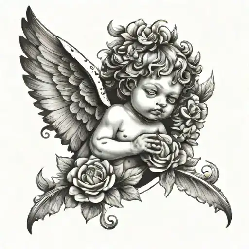 sleeve with evil cherub and flowers tattoo design idea