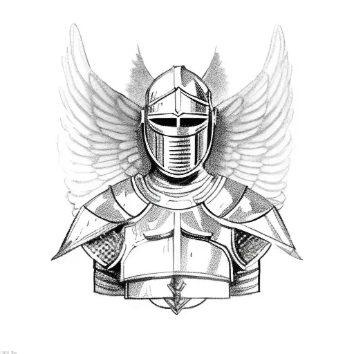 knight armor with angel wings and light above him tattoo design idea