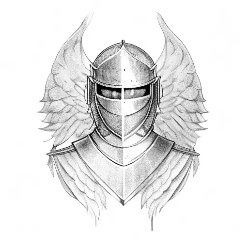 knight armor with angel wings and light above him tattoo design idea