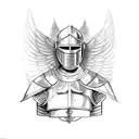 knight armor with angel wings and light above him tattoo design idea