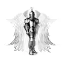 knight armor with angel wings and light above him tattoo design idea