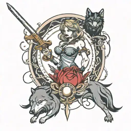 maiden with sword and magic sphere 2 wolves 2 ravens tattoo design idea
