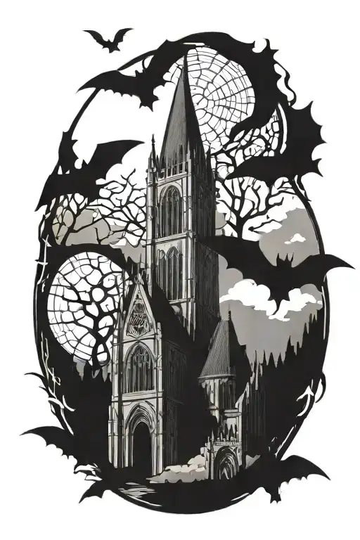 cathedral, bats, crows, gothic inspired tattoo tattoo design idea