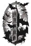 cathedral, bats, crows, gothic inspired tattoo tattoo design idea
