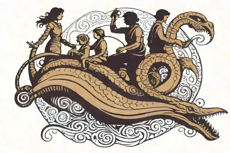 Silhouette of four people riding a sandworm from Dune. Man, then woman, then boy, then girl. tail curles to NZ koru tattoo design idea