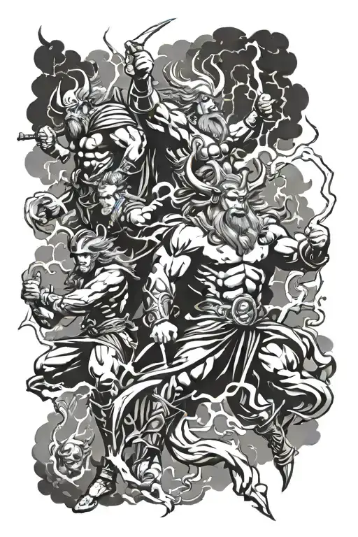 Zeus, thor, chaac, seth, indra, raijin working together casting one big lightning bolt tattoo design idea