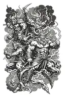 Zeus, thor, chaac, seth, indra, raijin working together casting one big lightning bolt tattoo design idea