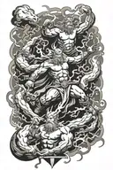 Zeus, thor, chaac, seth, indra, raijin working together casting one big lightning bolt tattoo design idea