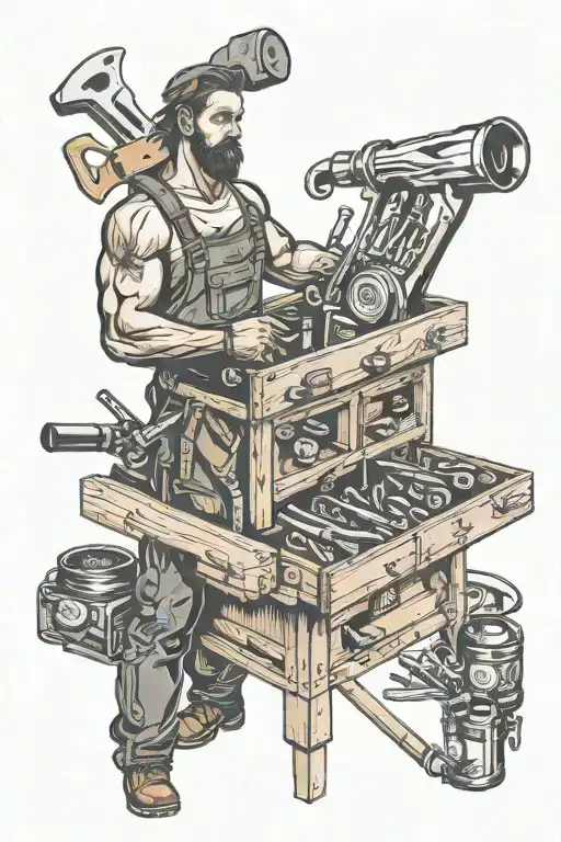 carpenter with toolbox filled with various tools tattoo design idea