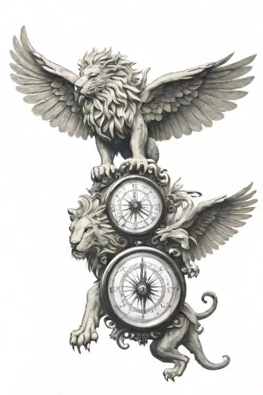 Welsh Draggon and St Marks Winged Lion facing each other holding a compass tattoo design idea