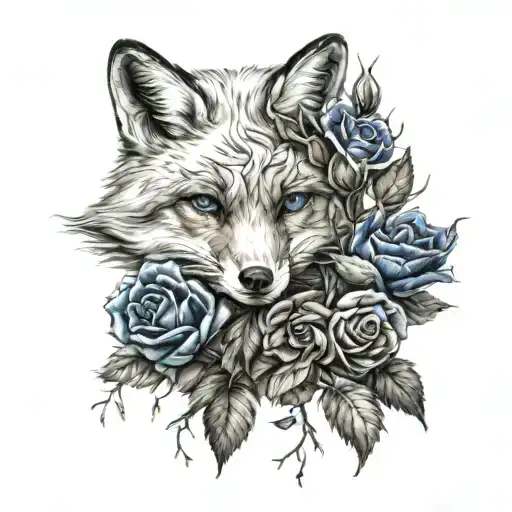 snow fox with black and blue roses growing tattoo design idea