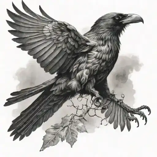 Black raven flying in mist tattoo design idea