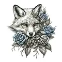snow fox with black and blue roses growing tattoo design idea