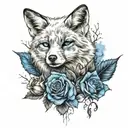 snow fox with black and blue roses growing tattoo design idea