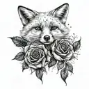 snow fox with black and blue roses growing tattoo design idea